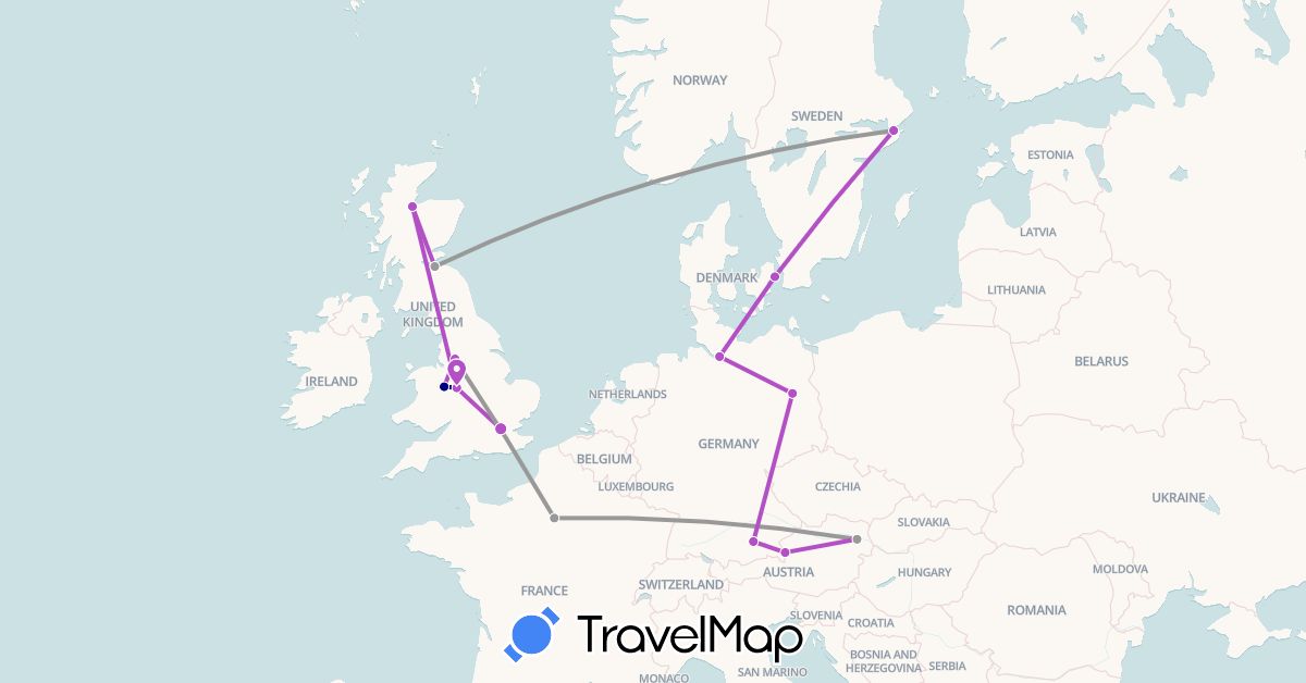 TravelMap itinerary: driving, plane, train in Austria, Germany, Denmark, France, United Kingdom, Sweden (Europe)